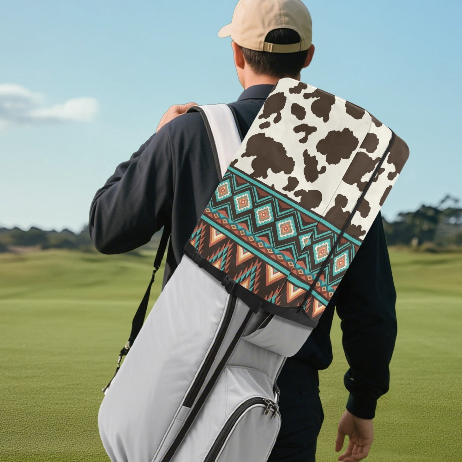 Yuyamidu Brown Cow Print Golf Bag Cover Aztec Hood Golf Bag Dust Cover for Clubs Protection with Snap Button and Zipper