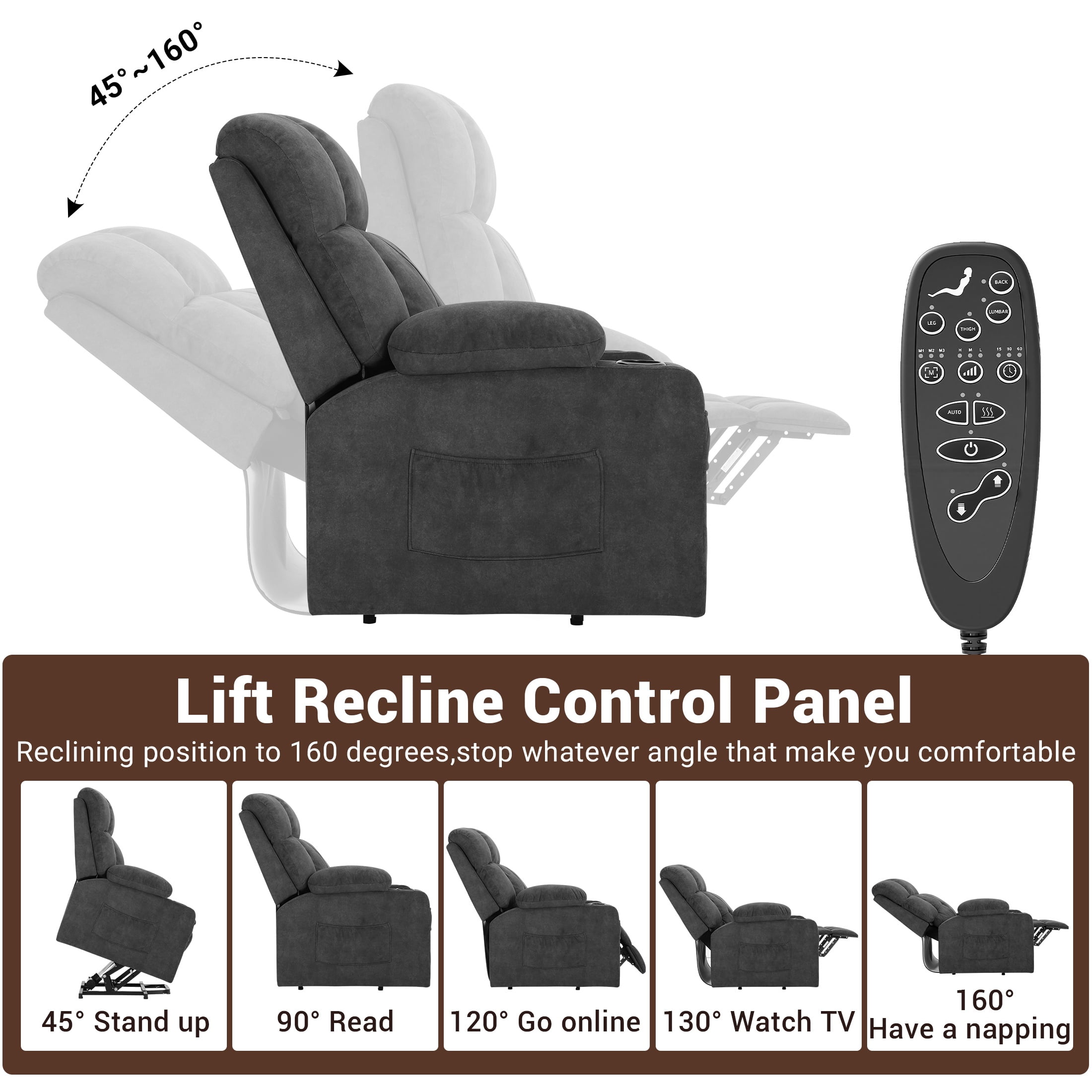 Oversized Power Lift Recliner Chair with Massage and Heat for Elderly, UHOMEPRO Large Wide Seat Recliners for Big and Tall, Safety Motion Reclining Mechanism with Cup Holders and USB, Gray