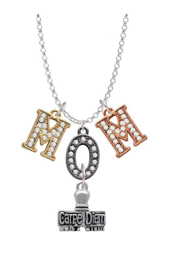 Silvertone 3-D ''Carpe Diem'' Stamp Multi-Colored Crystal Mom Charm Necklace
