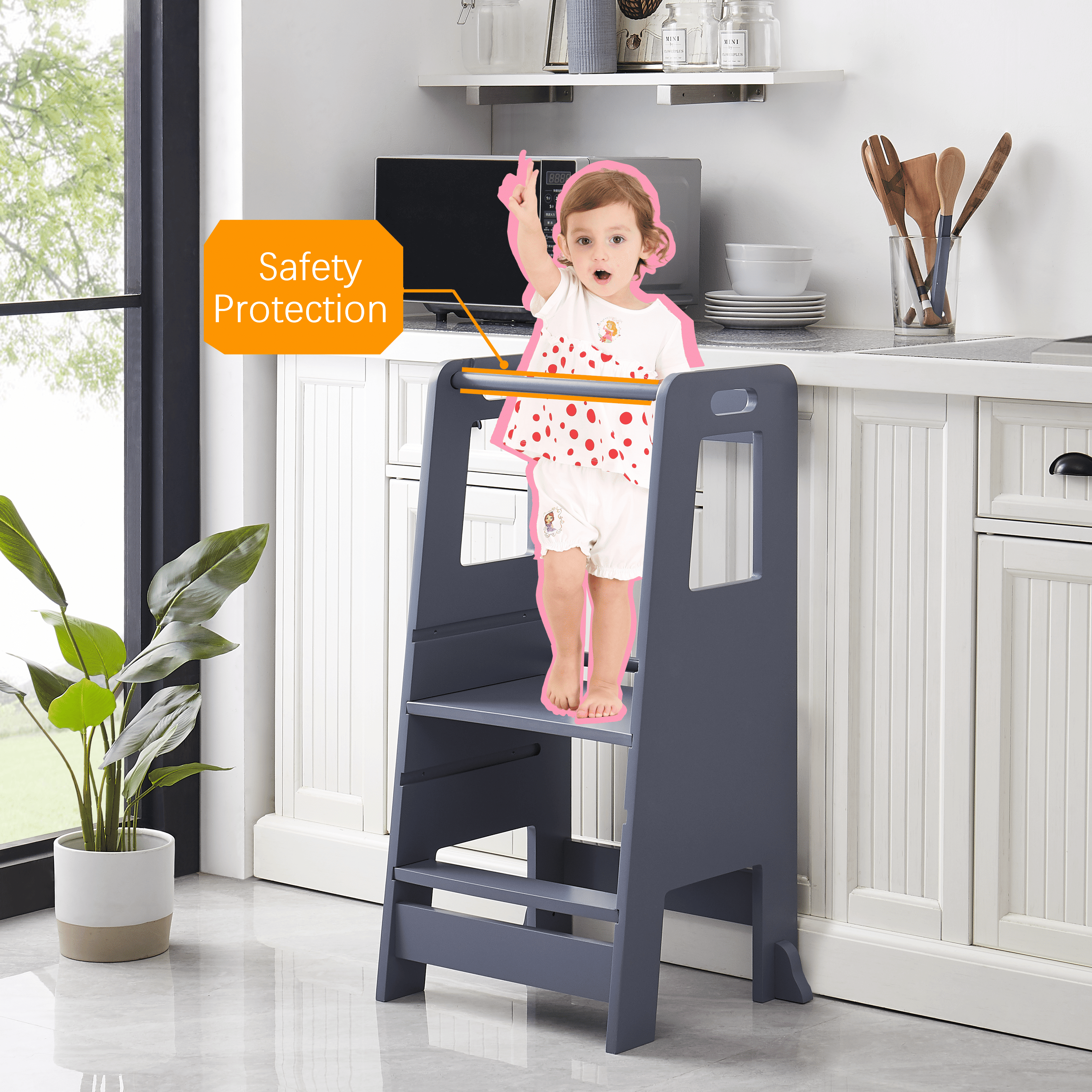 Kid's Wooden Kitchen Step Stool, Adjustable Platform Standing Tower with Safety Guardrail Child Studying Tower, Toddler Stool for Bathroom, Cooking Helper