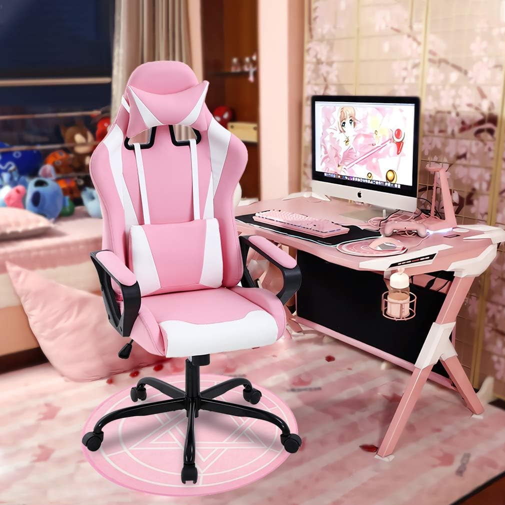 PC Gaming Chair Office Chair Ergonomic Computer Chair Mid Back Adjustable Desk Chair with Lumbar Support Armrest 360° Swivel Gaming Chair with Headrest for Home Office Work Study, Pink
