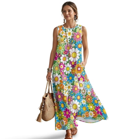 Xixirimido Vibrant Hippie Flower Print Linen Summer Dresses for Women Sleeveless A-line Flowy Maxi Dresses Casual Beach Vacation Sundresses with Pockets, X-Large