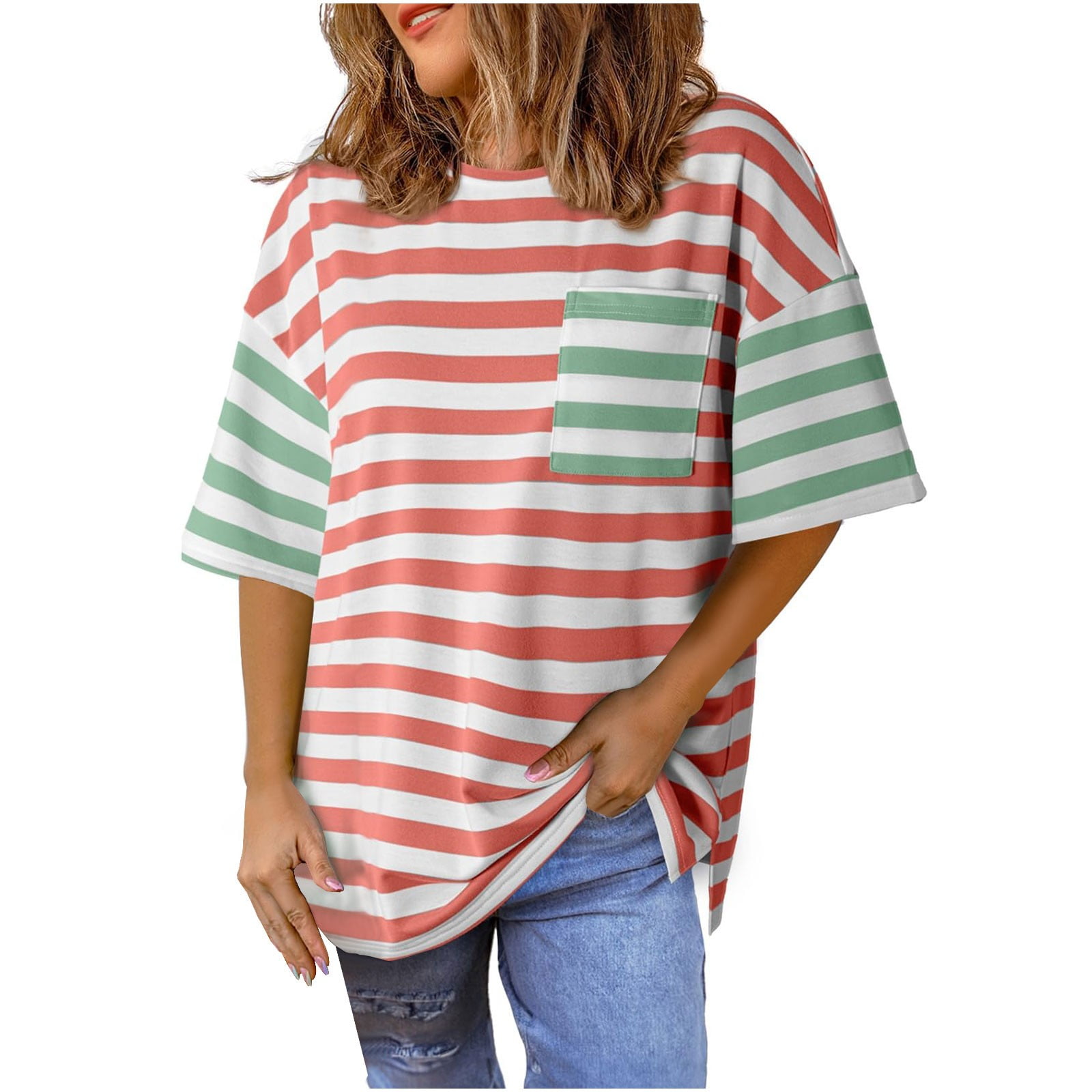 Hyknon Womens Tops Summer Fashion Striped Printed Loose Plus Size T Shirts Round Neck Short Sleeve Pullover Versatile Tops