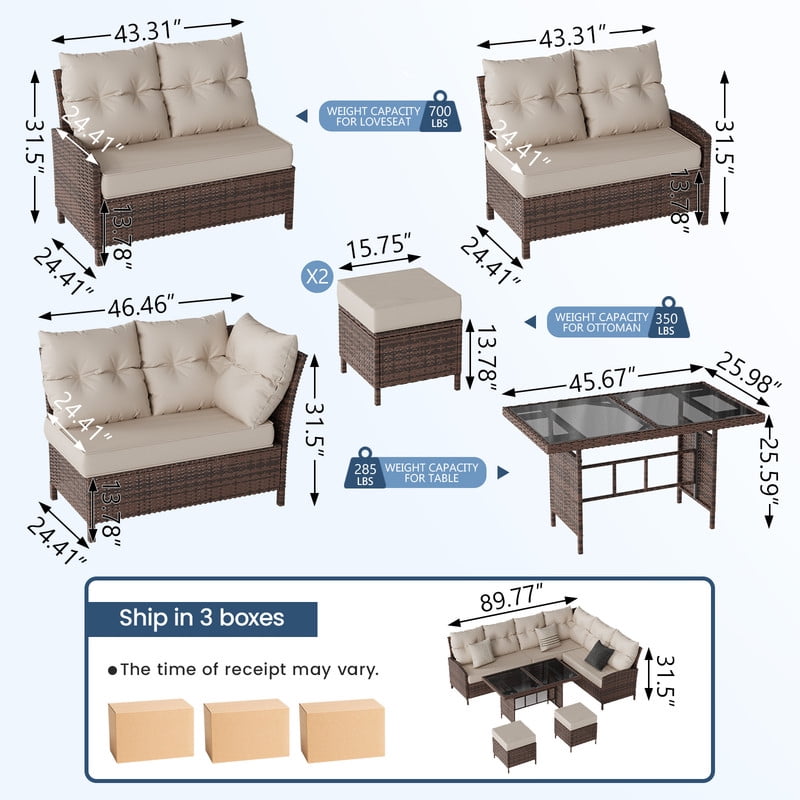 AMOPATIO 7-Piece Patio Furniture Set, Outdoor Sectional Sofa with Dining Table, All Weather Rattan Conversation Set with Ottoman, Khaki