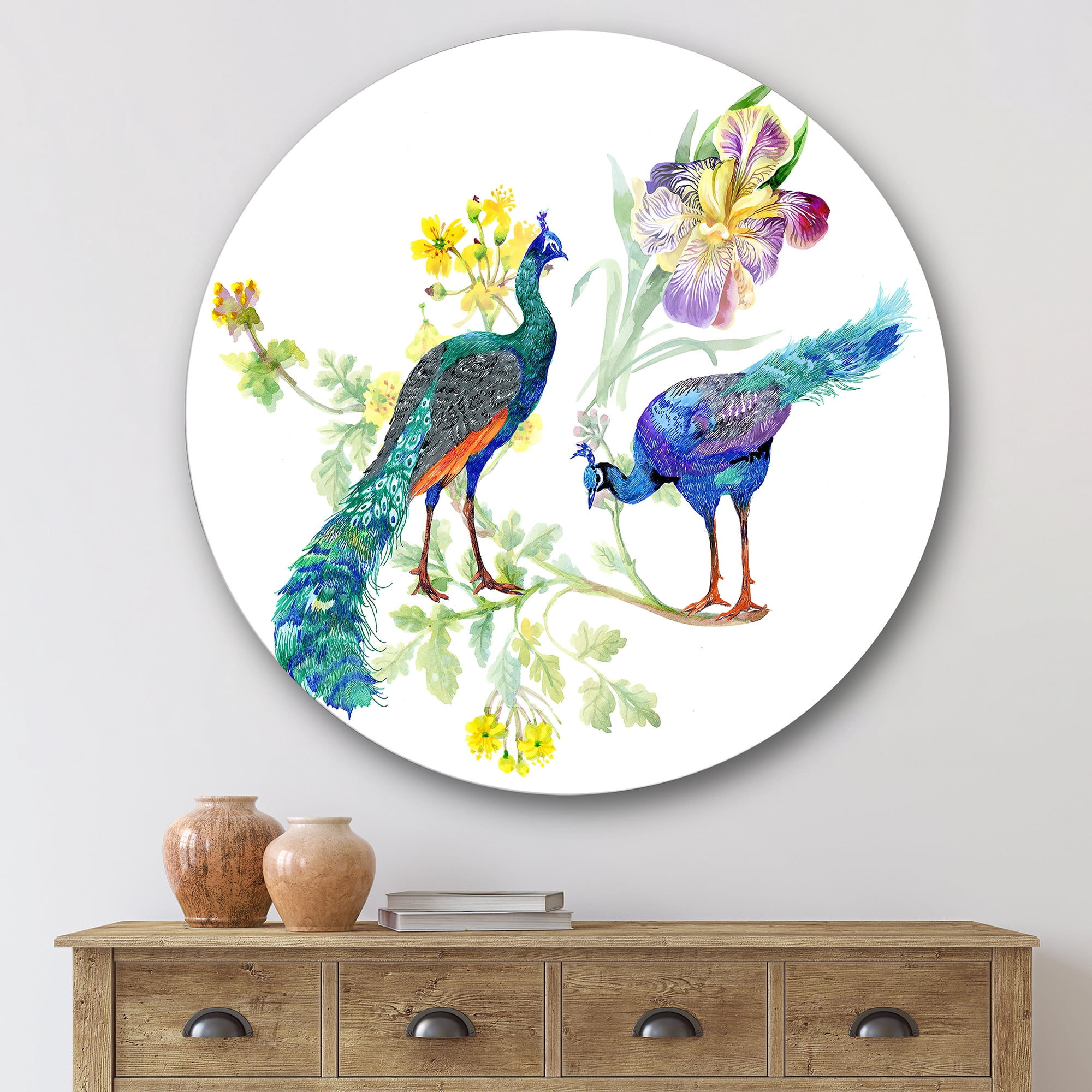 Designart 'Iris Flowers and Peacocks' Traditional Circle Metal Wall Art 36x36 - Disc of 36