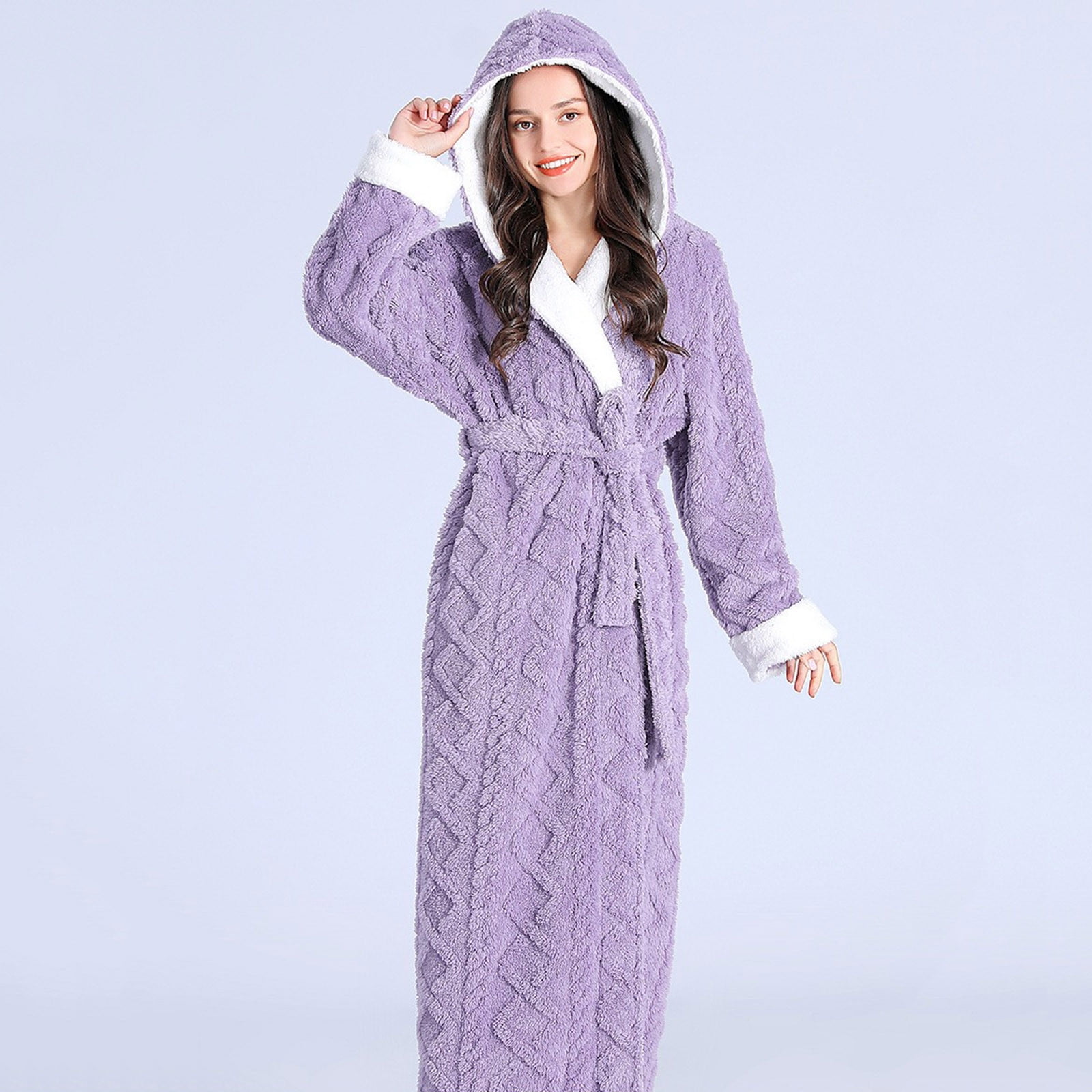 yievot Fleece Robe for Women Soft Warm Long Hooded Plush Bathrobe Belted Elastic Waist Sleepwear Housecoats Walmart