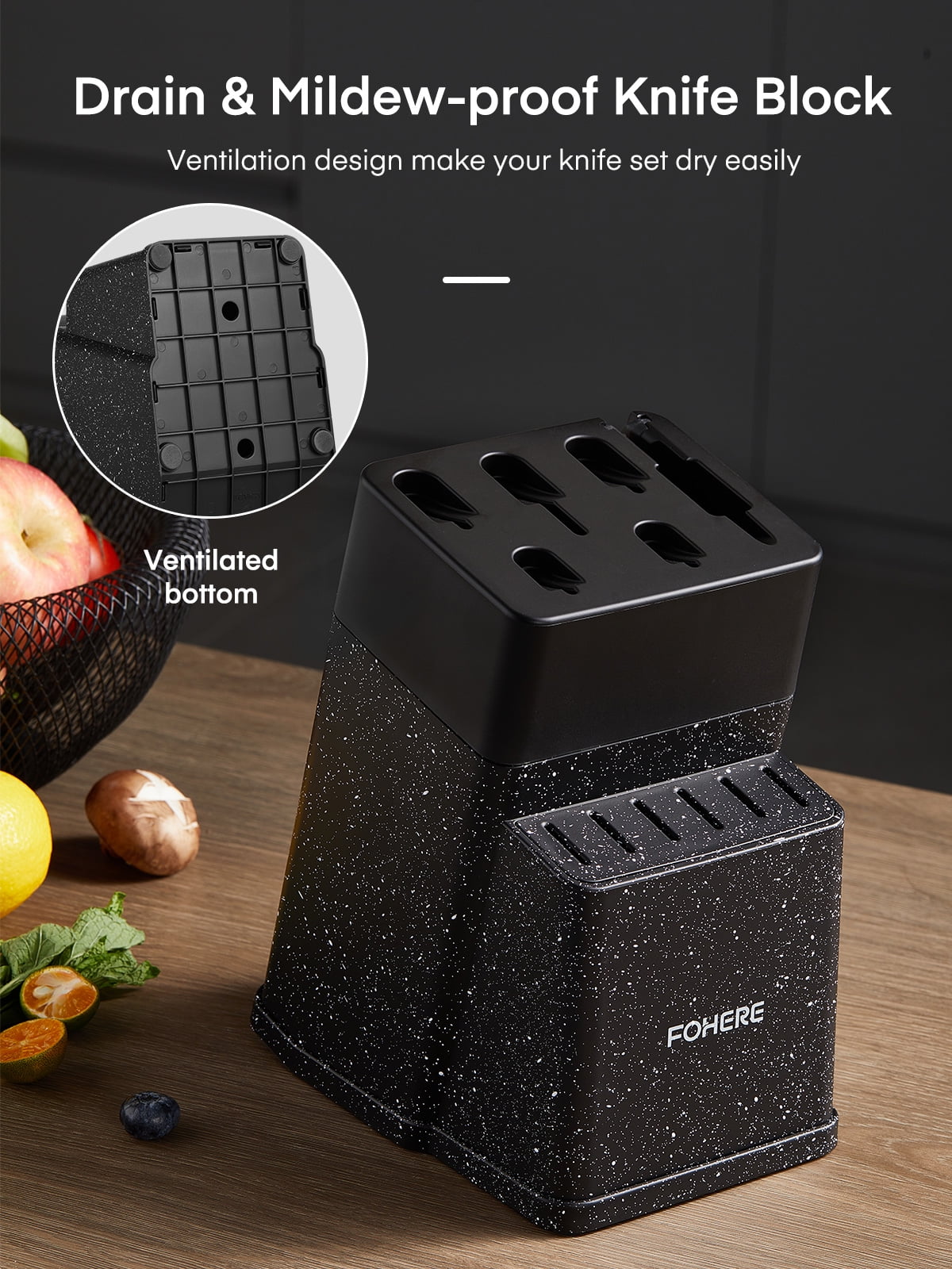 FOHERE 13 Pieces Knife Set with Block, Stainless Steel Knive Sets for Kitchen with Built-in Sharpener Sharp Granite Kitchen Knife Block Set with Anti-slip Handle Rust Resistant, Black