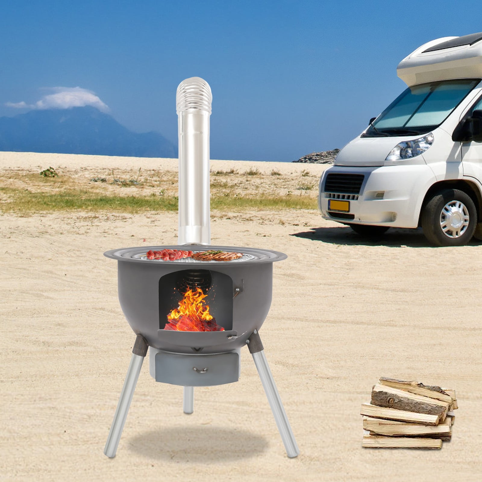 ToppiJoy Portable Wood Burning Stove, Camping Wood Stove with Grill & Chimney Pipe Multifunctional Rocket Stoves for Outdoor Cooking Woods Burning Tent Stove