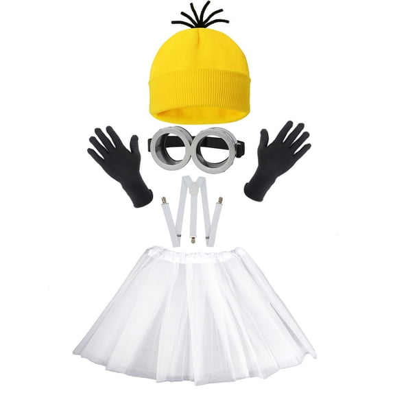 Adult Yellow Cartoon Costume Set, Knit Hat, Silver Goggles, Black Gloves, Suspenders and Tutu Skirt for Halloween