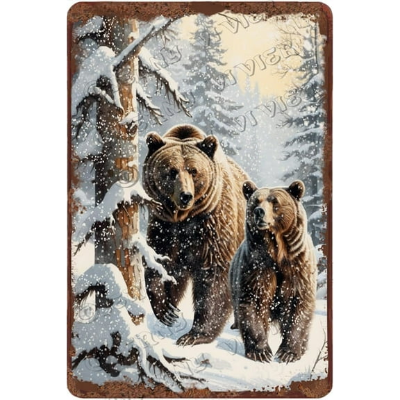Winter Decor Bear Creative Aluminum Sign Rustic Farmhouse Decor Christmas Party Decorative Snowy Forest Nature Picture Cute Woodland Animal Wall Decor 12x8 inches