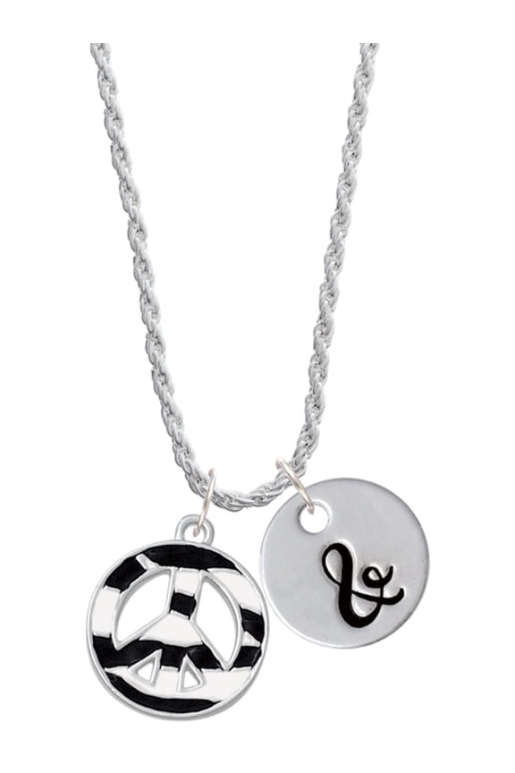 Silvertone Large Zebra Print Peace Sign Silvertone Script Initial Disc - & - Charm Necklace, 20"+3"