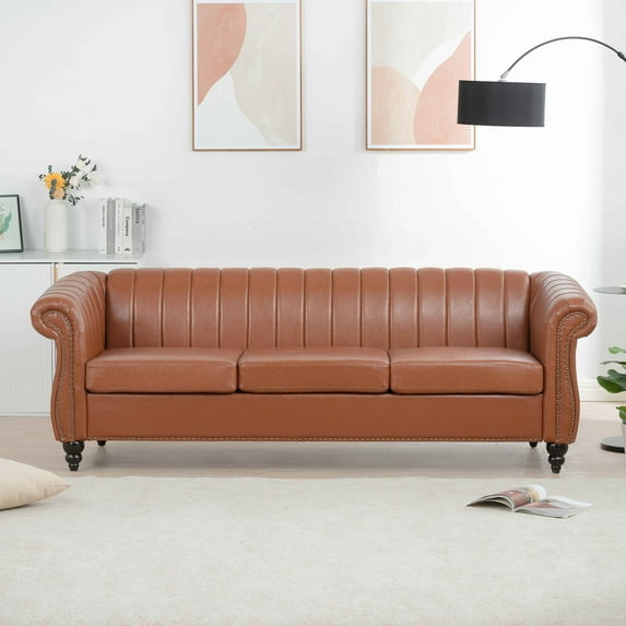 Ucloveria Modern 3 Seater Couch, 83.46'' Large Sofa Furniture, Roll Arm Classic Tufted Chesterfield Settee Leather Sofa