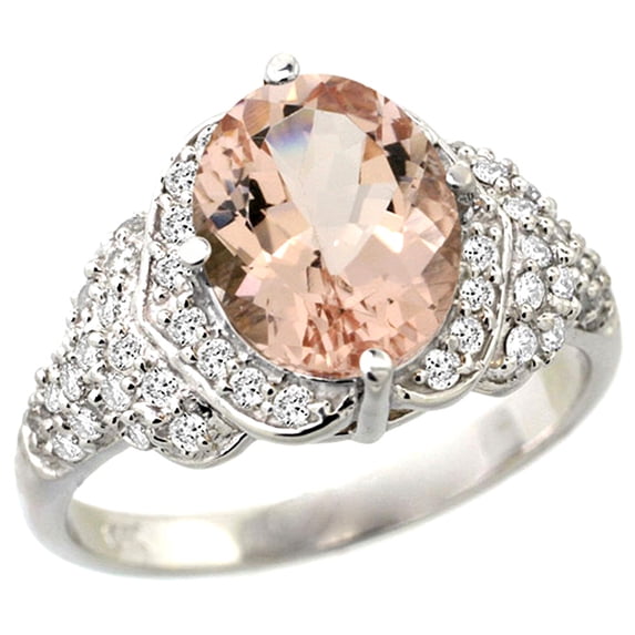 14k White Gold Natural Morganite Ring Diamond Halo Oval 10x8mm, 1/2 inch wide, size 5