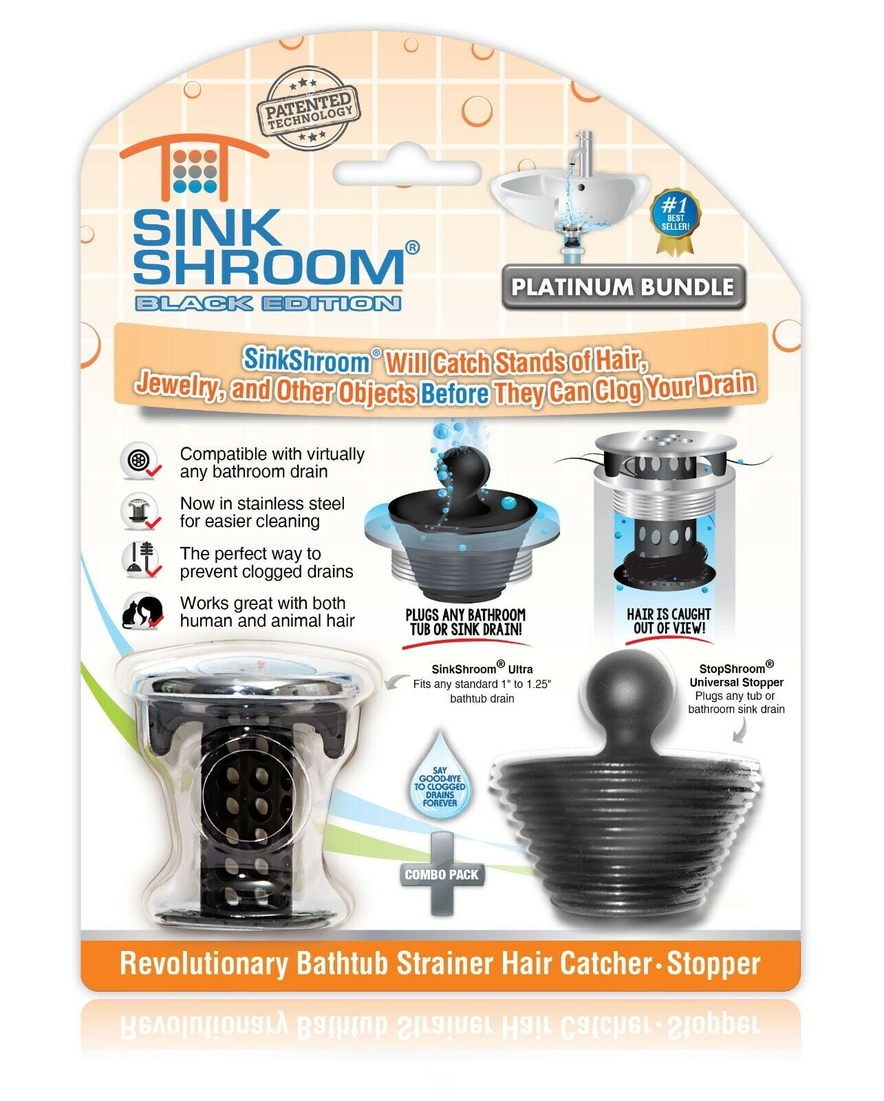 SinkShroom Black Strainer Drain Protector Hair Catcher w/ Stopper Plug for Sinks