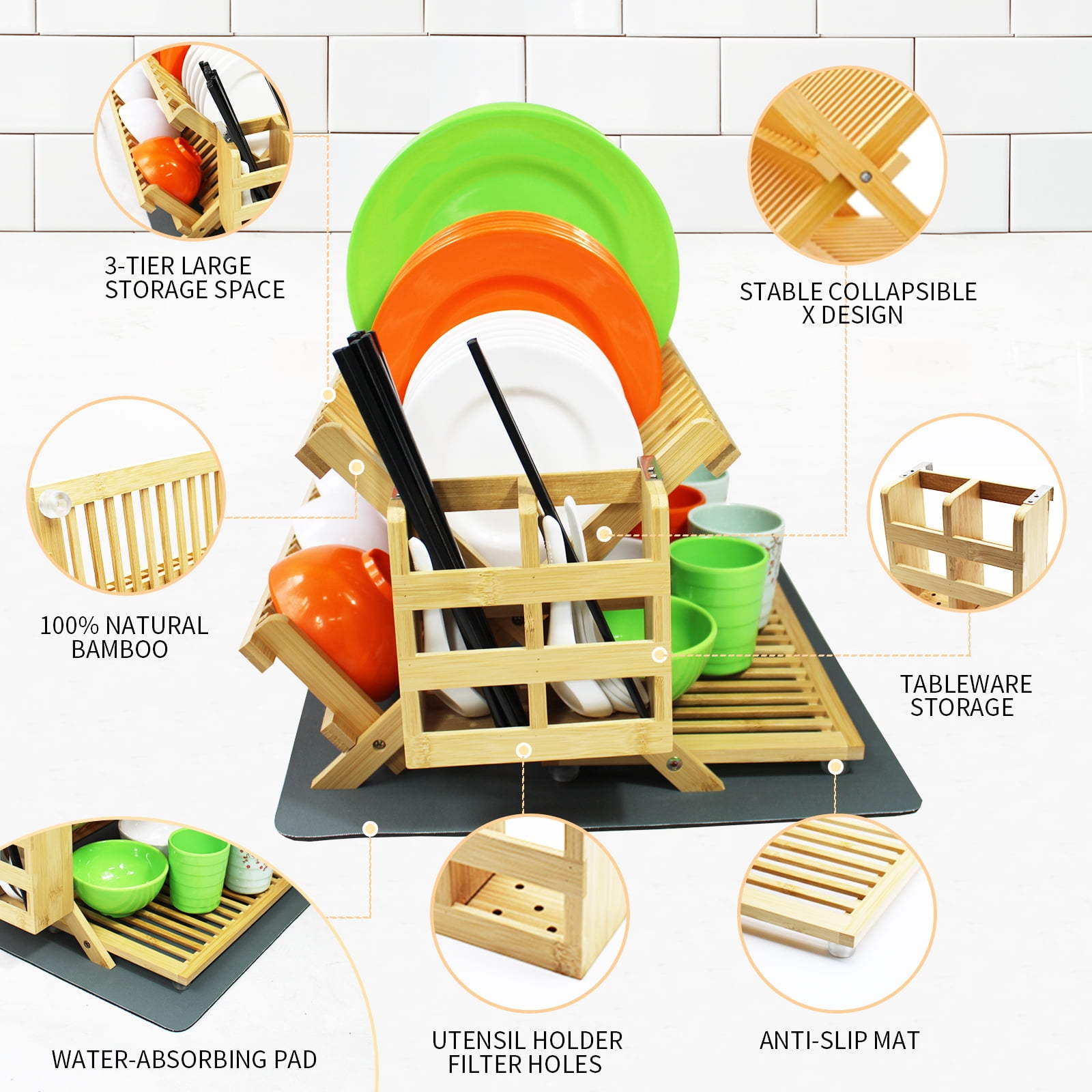 3 Tier Bamboo Dish Drying Rack with Utensil Holder, Collapsible Dish Rack, Large Dish Racks for Kitchen Counter, Wooden Folding Dish Drainer with Dish Drying Mat, with Drying Mat