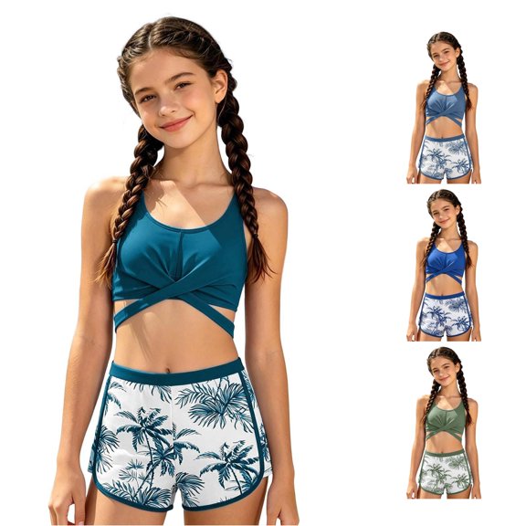 XINXIAOO Girls Cross Back Three Piece Swimsuit Leaf Print Boy Short Solid Quick Dry Bathing Suit Summer Vacation Swimwear for Girls 15-16 Years
