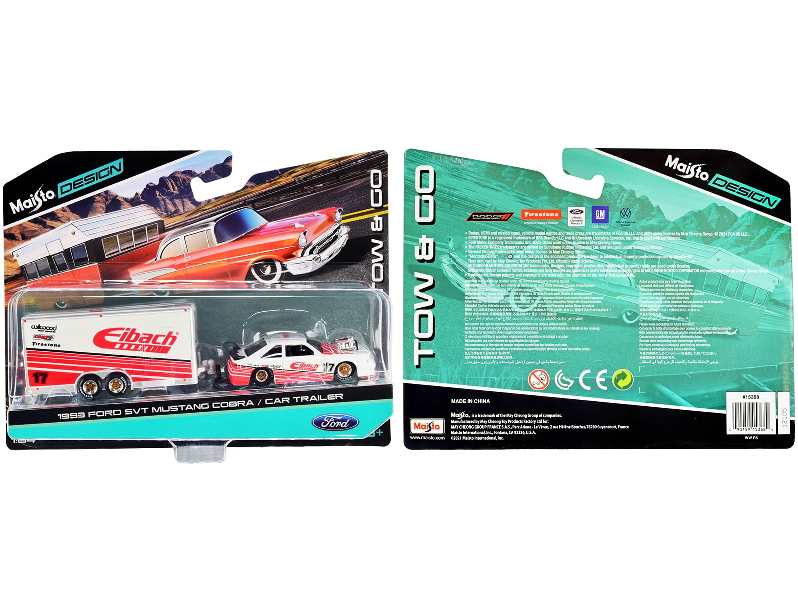 1993 Ford SVT Mustang Cobra #17 & Enclosed Car Trailer "Eibach" White w/Red Stripes "Tow & Go" 1/64 Diecast Model Cars by Maisto