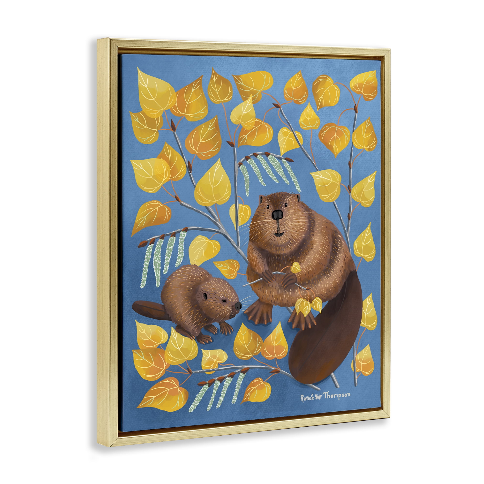 Stupell Industries Beaver & Quaking Aspen Animals Painting Gold Floater Framed Canvas Art Print Wall Art, 17 x 21