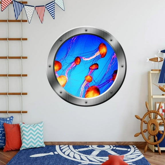 Porthole Wall Decal - Ocean Animals Wall Decals, Jelly Fish Decor VWAQ-PO19