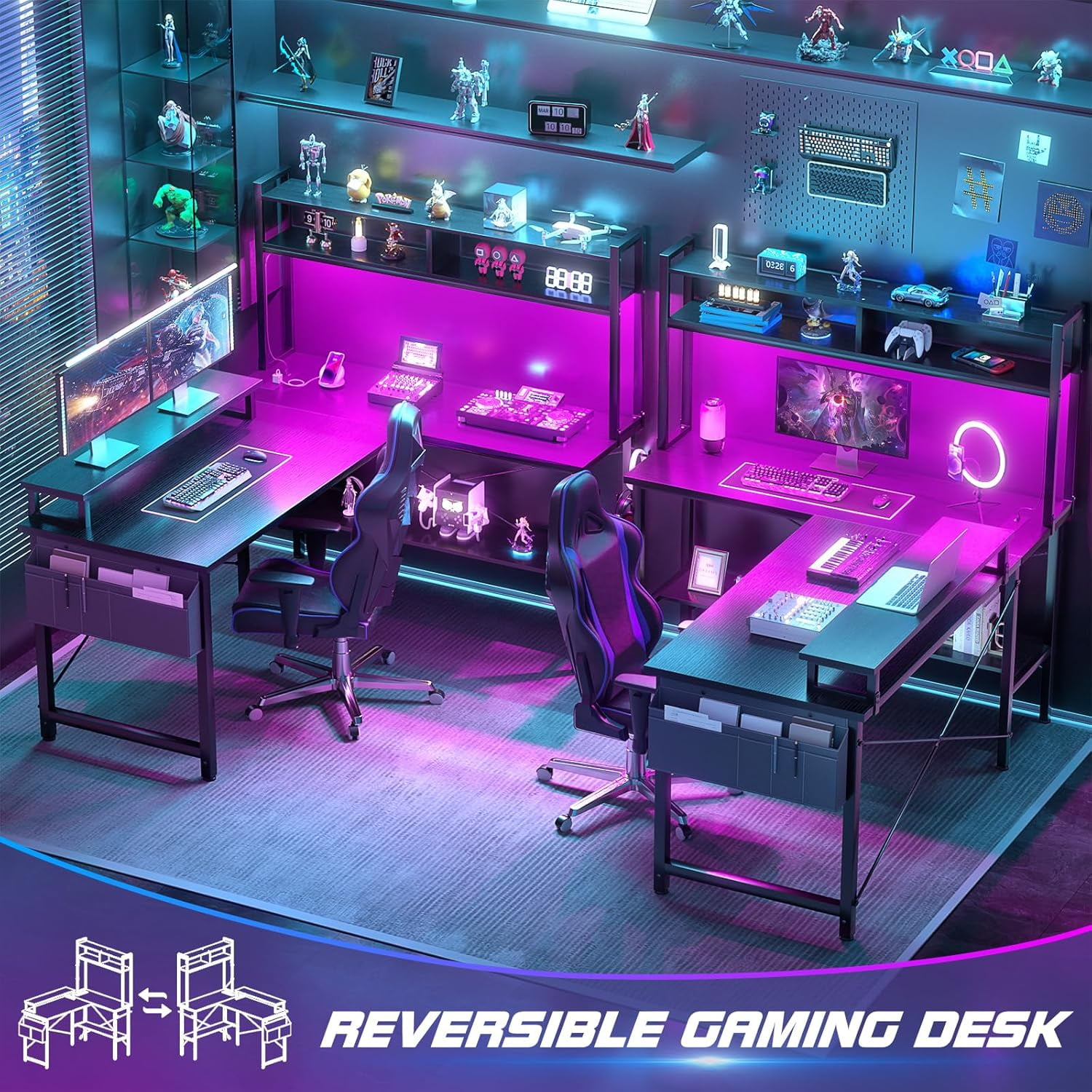 iSunirm Reversible L Shaped Gaming Desk with LED Lights & Power Outlets, 49'' Small L Shaped Computer Corner Desk with Monitor Stand and Storage Shelf, for Home & Office, Black