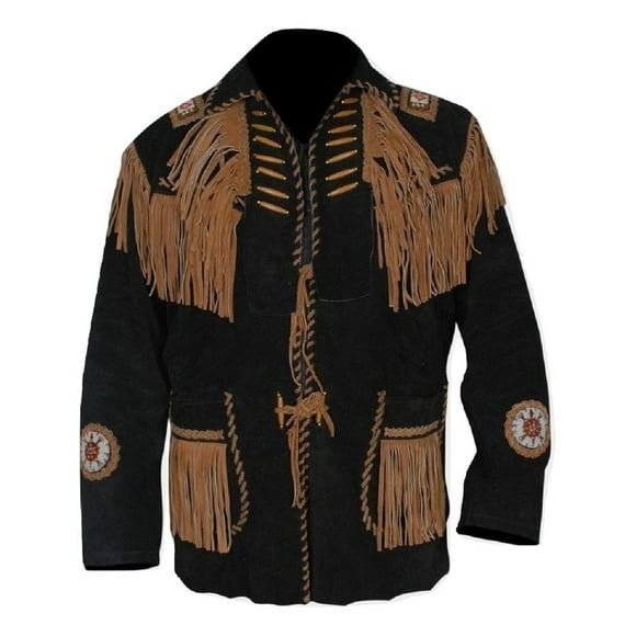 Bestzo  Mens Fashion Western Fringes & Bonned Cowboy Suede leather Jacket Black