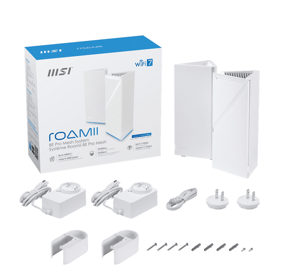 MSI Roamii BE Pro Mesh System- 2 Pack, WiFi 7 (802.11be/ax/ac/n/g/b/a), 320MHz, 11Gbps, MLO, 4096QAM