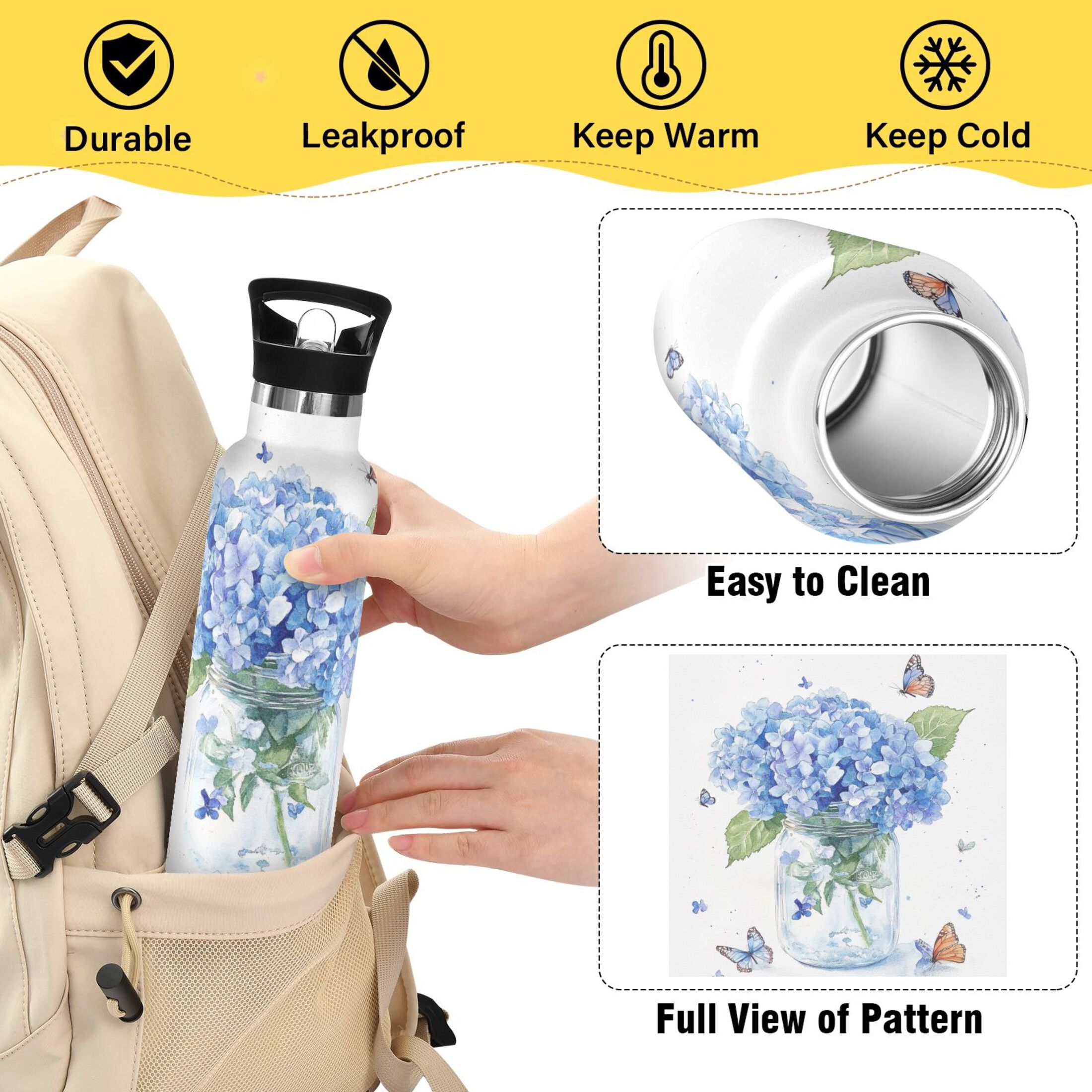 Kids Insulated Stainless Steel Sports Water Bottle 600ml (20oz) Hydrangeas and Butterflies