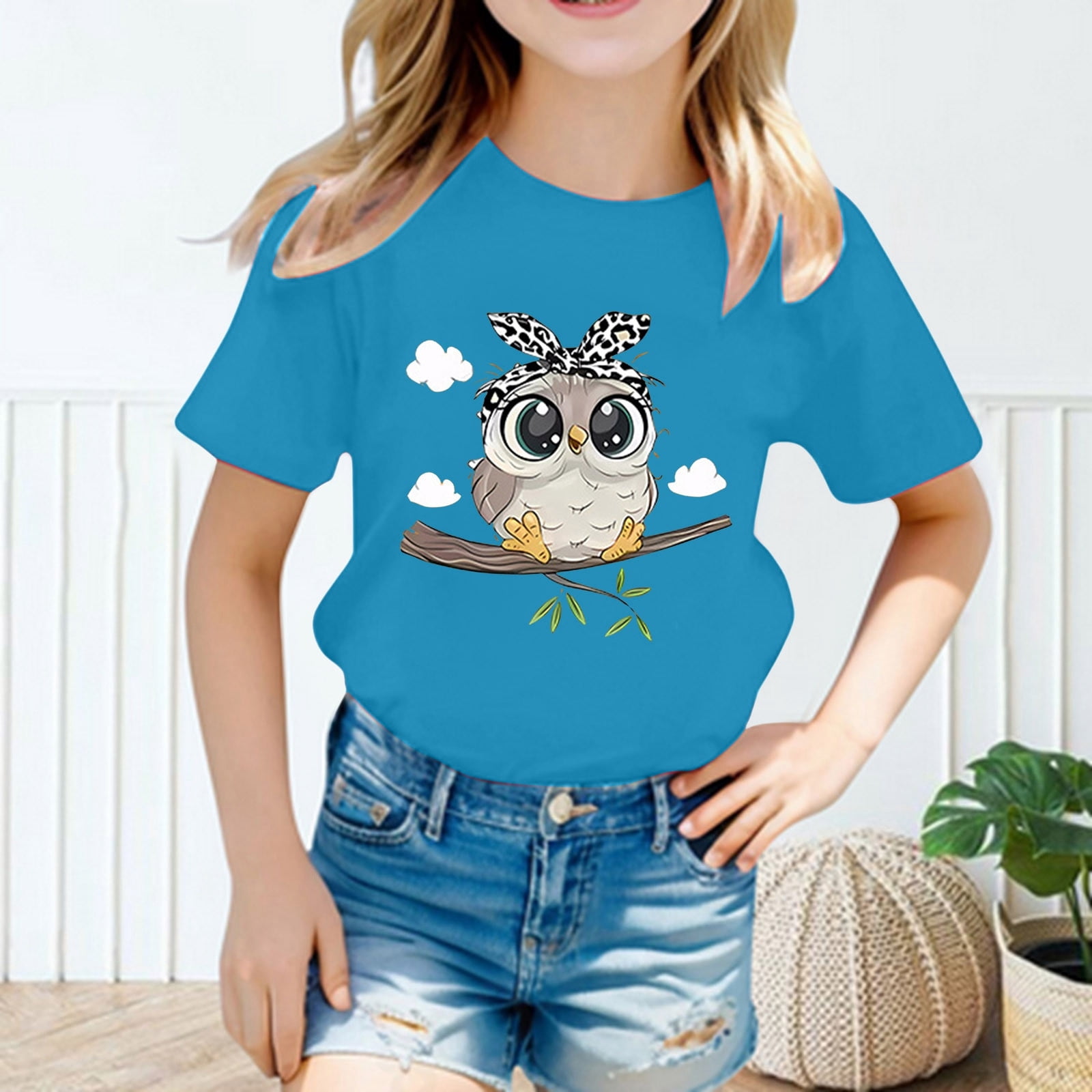 Girls Shirts Cute Printed Round Neck Short Sleeve Tee Summer Loose - Main Image
