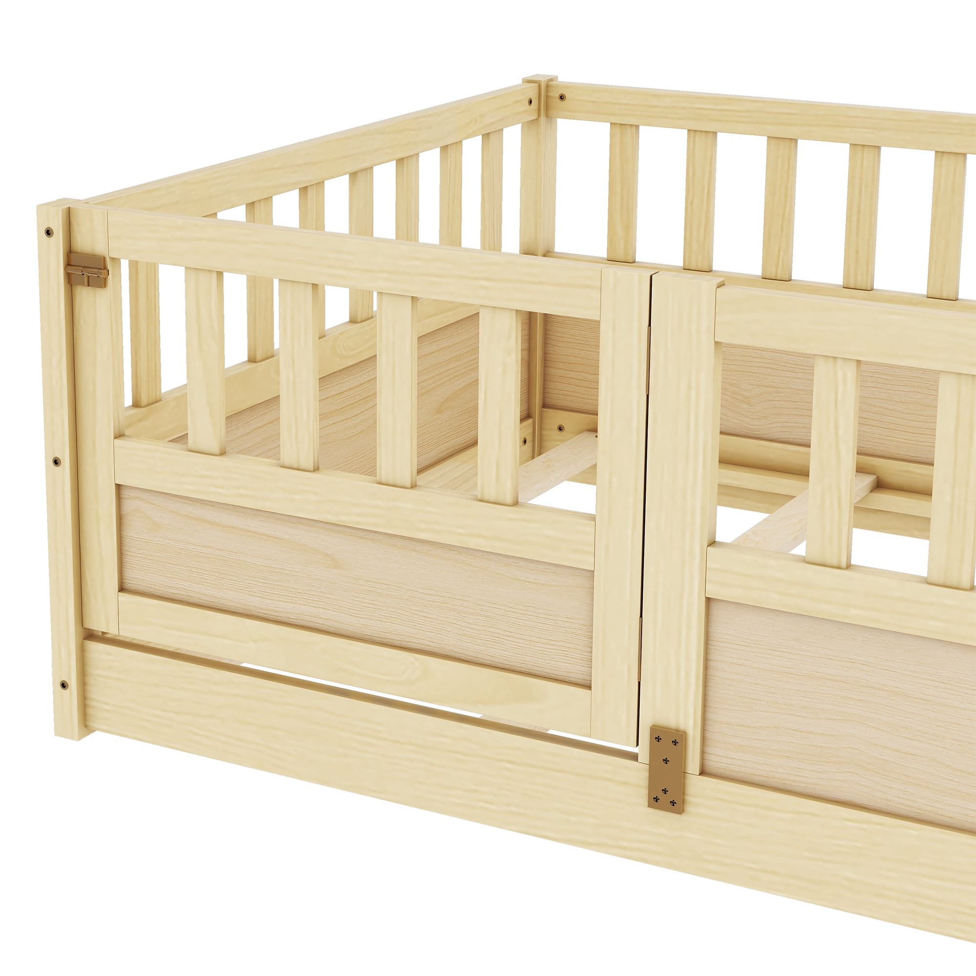 Kumix Floor Bed Twin Size with Door and Fence, Bed for Aged 1-3, Wooden Floor Bed with Safety Guardrails for Bedroom, Twin Floor Bed Frame for Girls & Boys, No Box Spring Needed, Natural