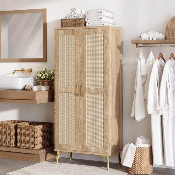 Tall Bathroom Storage Cabinet Wood Rattan Pantry Cabinet With Doors Adjustable Shelves Freestanding Linen Closet Organizer Wardrobe Unit Natural Pack