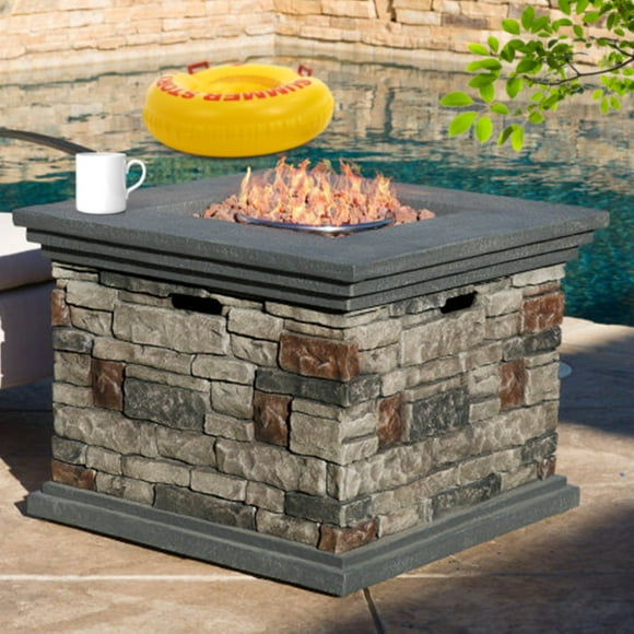 Square Decorative Stone Outdoor Wood Burning Fire Pit, for Self-Contained Fires for Entertaining at Home,40,000 BTU, Stone Gray