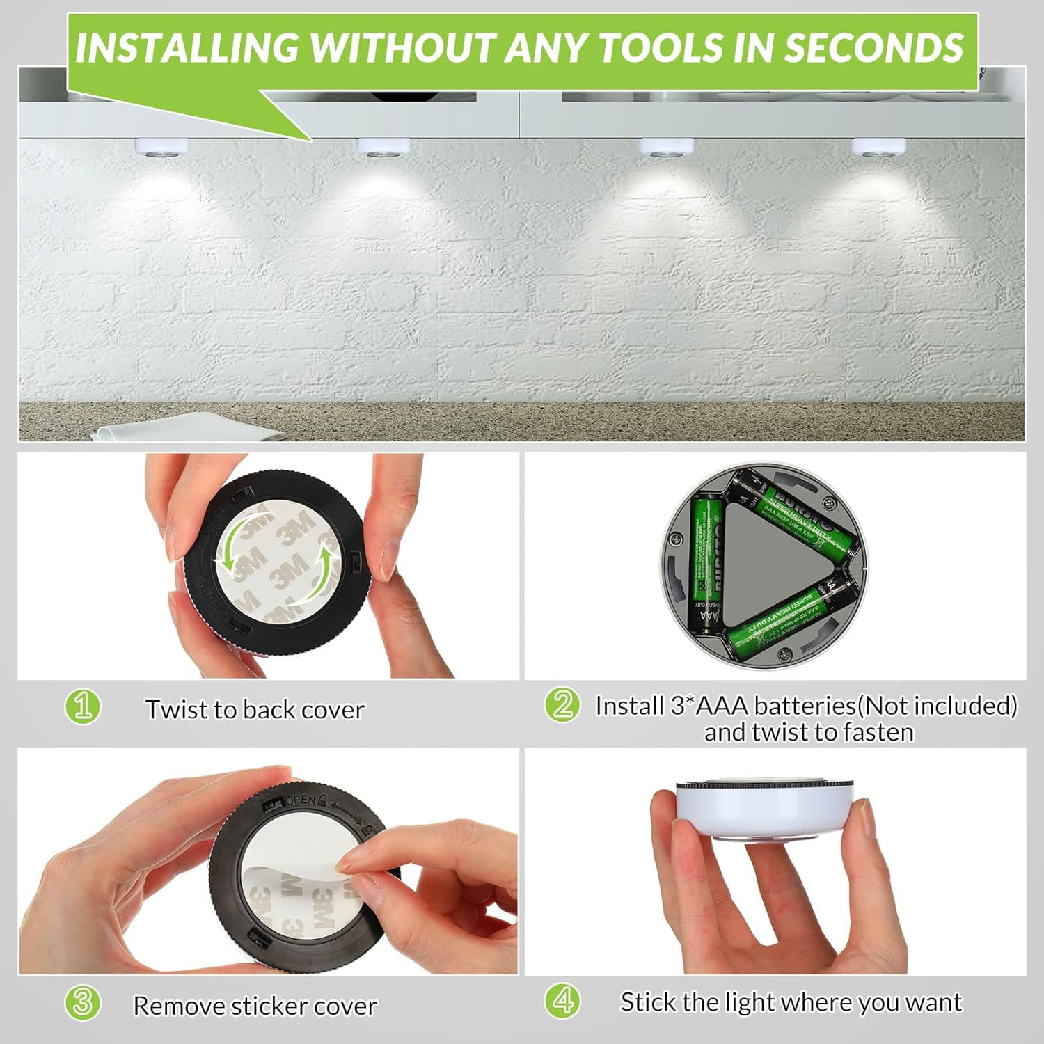 24 Pieces LED Puck Lights Wireless Under Cabinet Lighting 60 Lumens Portable Push Battery Operated Lights Mini Touch Closet Lights Stick on Lights DIY Tap Lights for Counter Wall, White