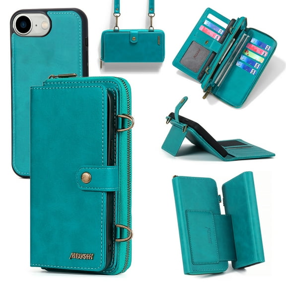 Feishell for iPhone 16e Crossbody Wallet Case,PU Leather Lager Capacity Detachable Cover Magnetic Buckle Card Slots Zipper Pocket Stand Phone Case with Adjustable Shoulder Strap,Blue