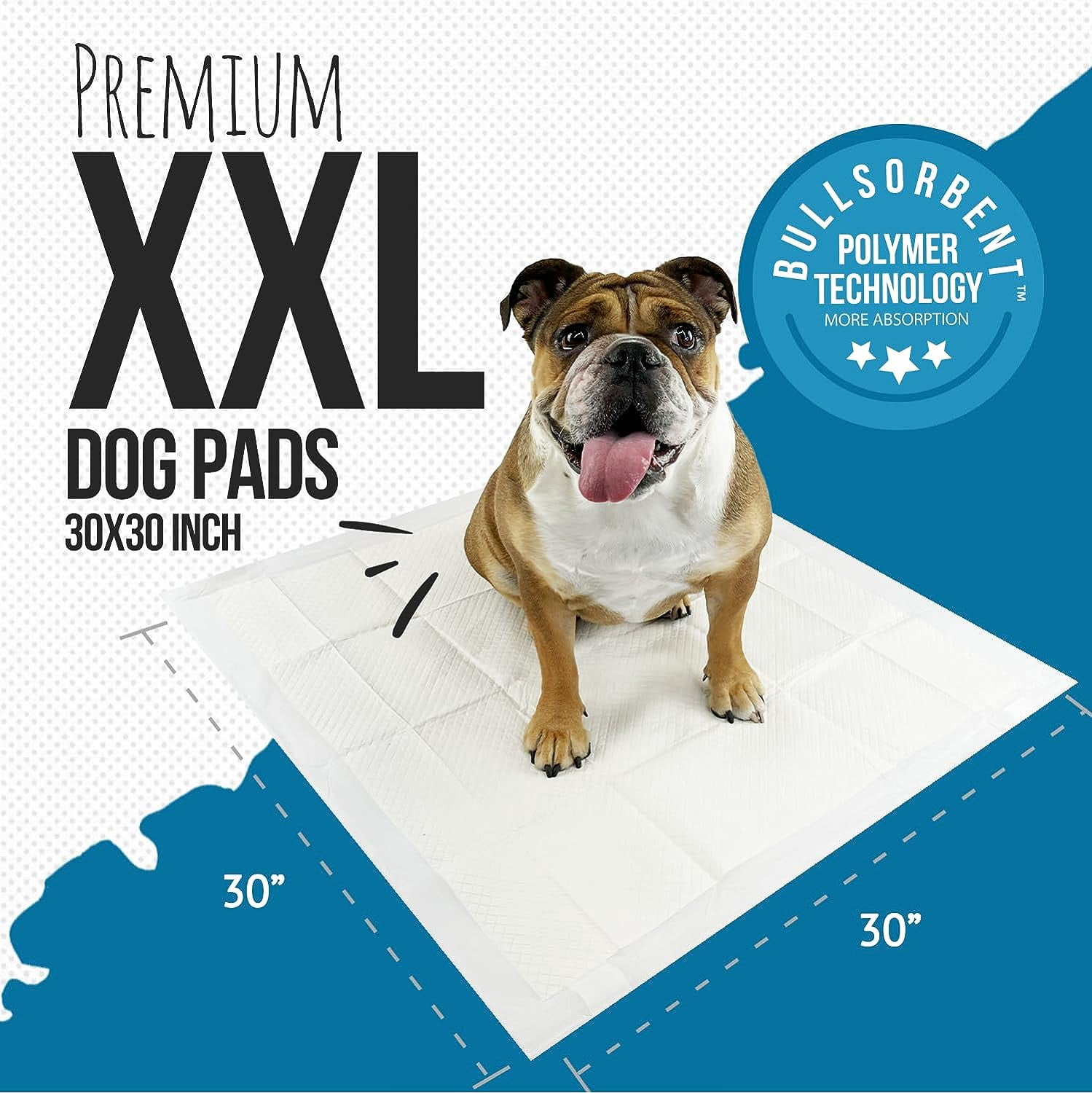 Bulldogology Absorbent XXL Pee Pads for Dogs, 30x30, 6-Layer Odor Control, 30-Count, White
