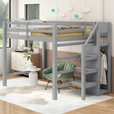 EUROCO Modern Full Size Loft Bed with Storage Wardrobe and Shelf, Gray