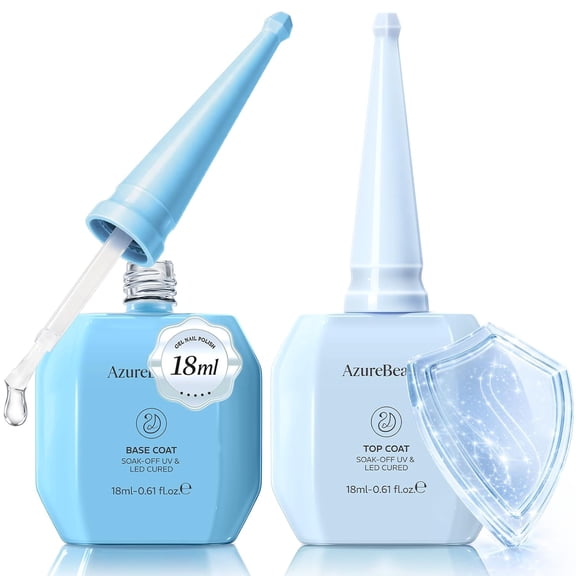 Azurebeauty 18ml Gel Base and Top Coat Set – No Wipe High Gloss Soak Off UV/LED Nail Polish, Long-Lasting Clear Gel for Smooth Shiny Manicure