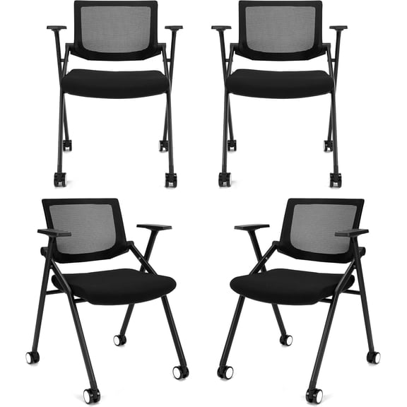 4 PC Portable Office Chair - Foldable Office Chair W/Wheels - Ergonomic Folding Chair for Conference Room Chairs & Reception Chairs, Black Stackable Mesh Back Padded Folding Chair W/ 350 lbs Capacity