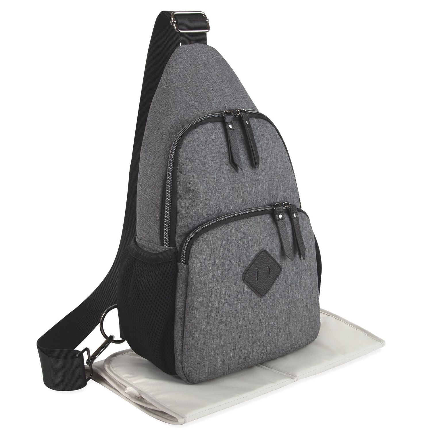 Baby Essentials Multi-Pocket Dual Zipper Crossbody Sling Diaper Bag Backpack with Matching 6-Ply Changing Pad and Mini Insulated Bottle Pockets in Grey and Black