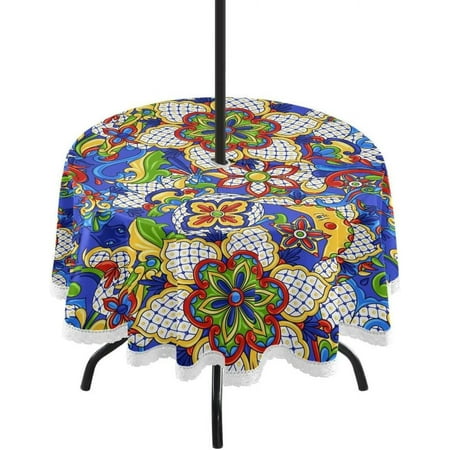 

Hyjoy 60 Mexican Talavera Outdoor Tablecloth with Umbrella Hole and Zipper Waterproof Round Tablecloth for Party Patio Picnic Holiday Dinner Summer