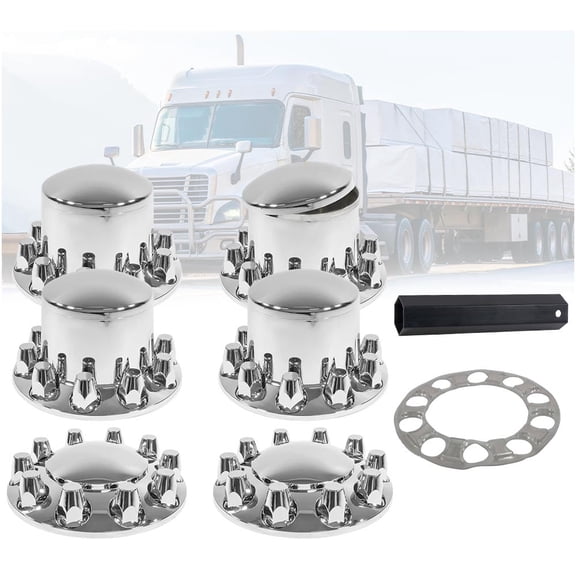 Complete Wheel Chrome Axle Cover Set - 33mm Threaded Lug Wheel Nut Covers for Semi Truck, Frightliner, Volvo - Removable Hub Caps Kit (2 Front & 4 Rear)