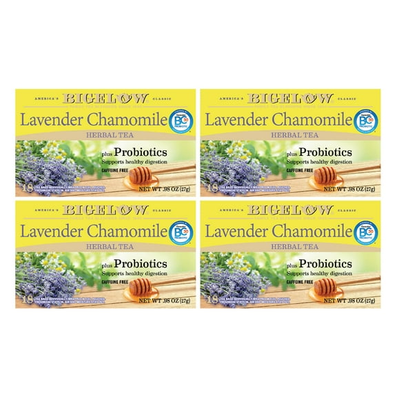 Bigelow Lavender Chamomile Plus Probiotics, Caffeine Free, Herbal Tea Bags, 72 Count (4 packs of 18)