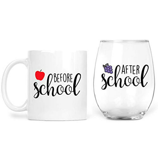 Before School After School Teacher Mug and Teacher Wine Glass Set - Funny  Principal Gifts - Coffee Mug and Stemless Wine Glass for Teacher  Appreciation and Professor - Because Students 