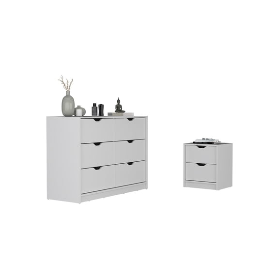 Bennett 2 Piece Bedroom Set, Gandu Nightstand & Curio Dresser, White