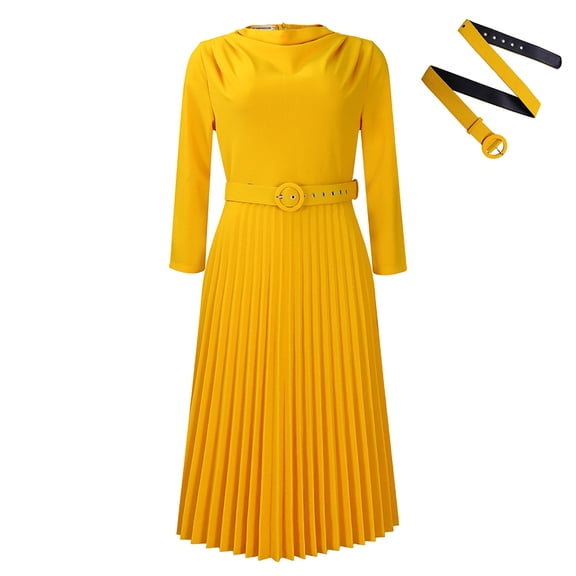 AURA Elegant Pleated Midi Dress With Belt High Waist Solid Color Zipper Work Office Style