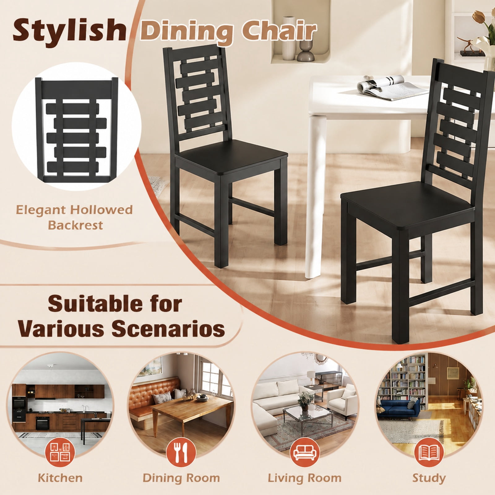 Furnibear Wooden Dining Chairs Set of 2 Solid Rubber Wood Kitchen Chairs with Curved Backrest for Kitchen and Dining Room, Black