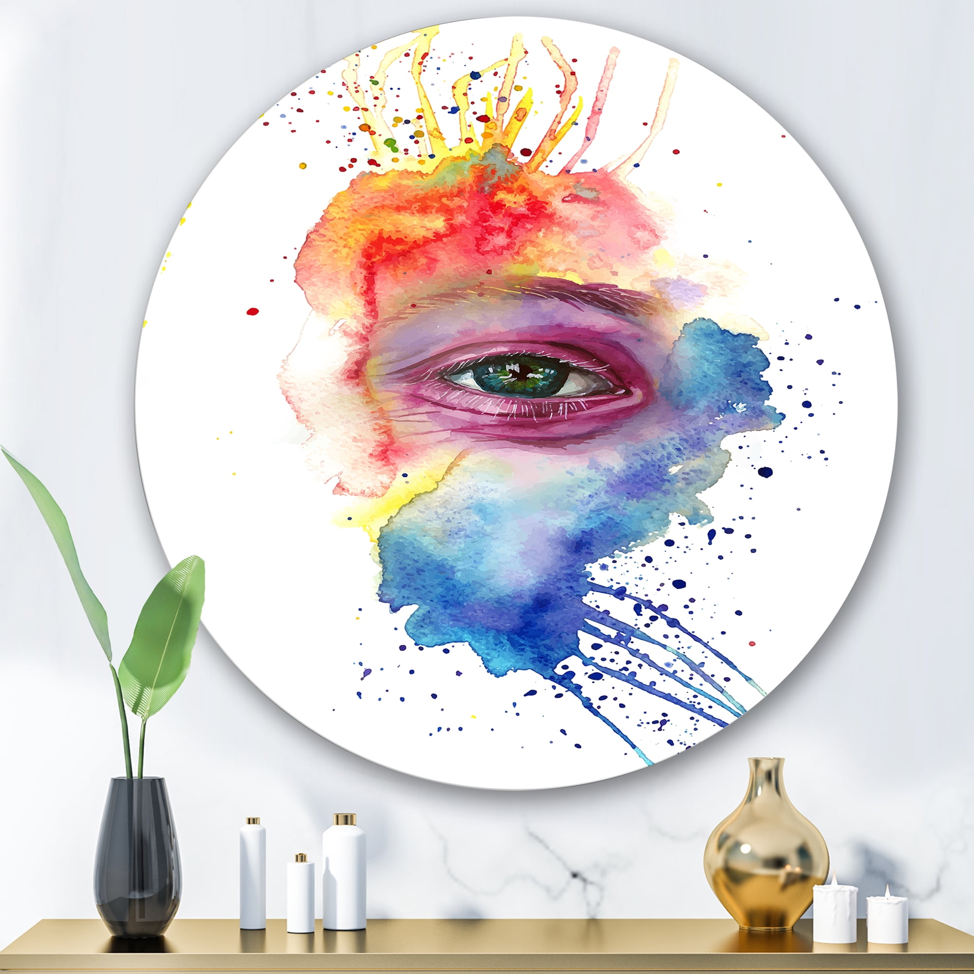 Designart 'Detail of Eye In Rainbow-Colored Face Portrait' Bohemian & Eclectic Circle Metal Wall Art 36x36 - Disc of 36