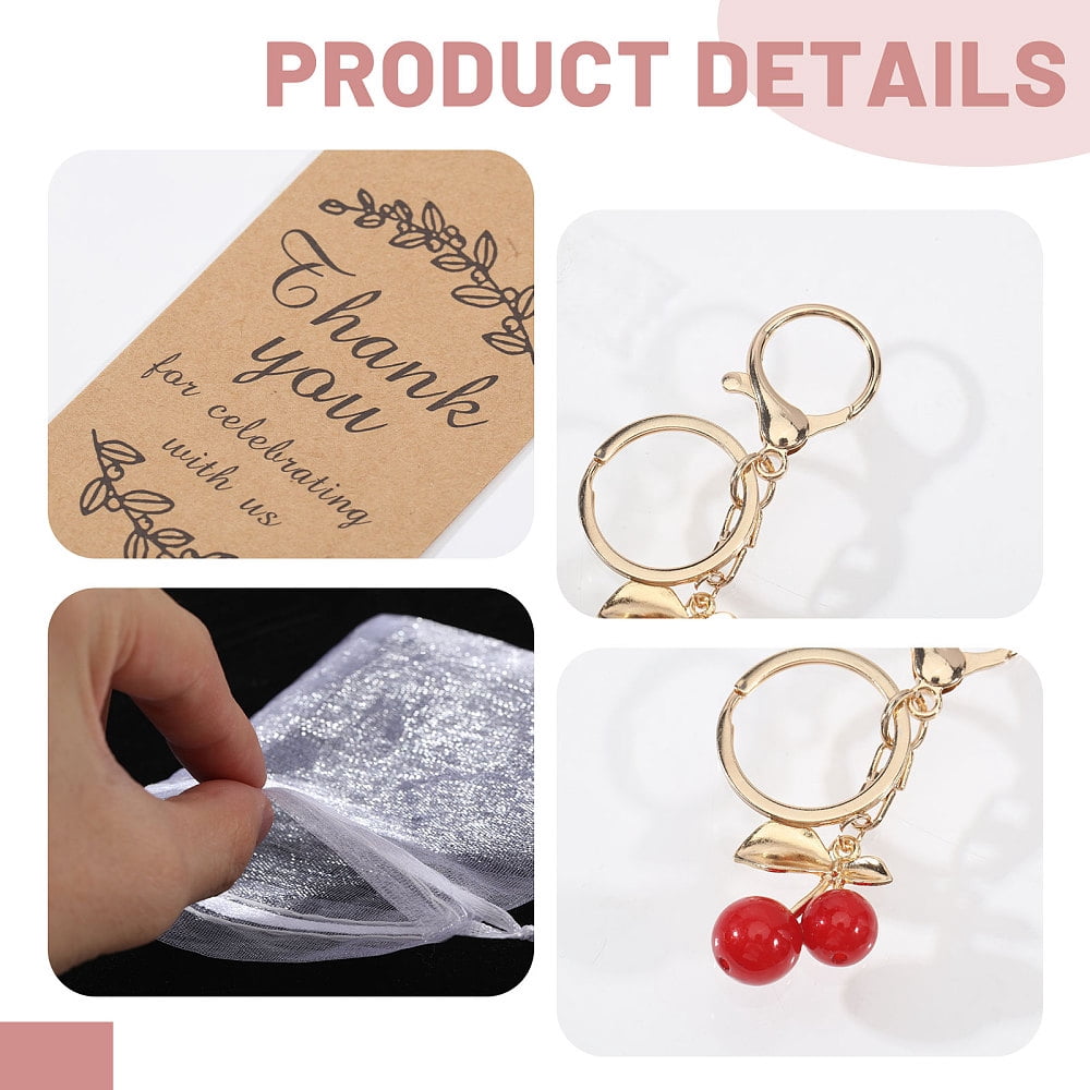 Zinc Alloy Resin Cherry Keychains with Jute Cord Kraft Paper Price Tag Organza Bags Golden Mixed Color 92.5mm DIY