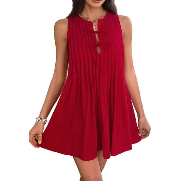 Womens Tie Front Mini Dress Summer Sleeveless Pleated Casual Loose Babydoll Dresses Red M