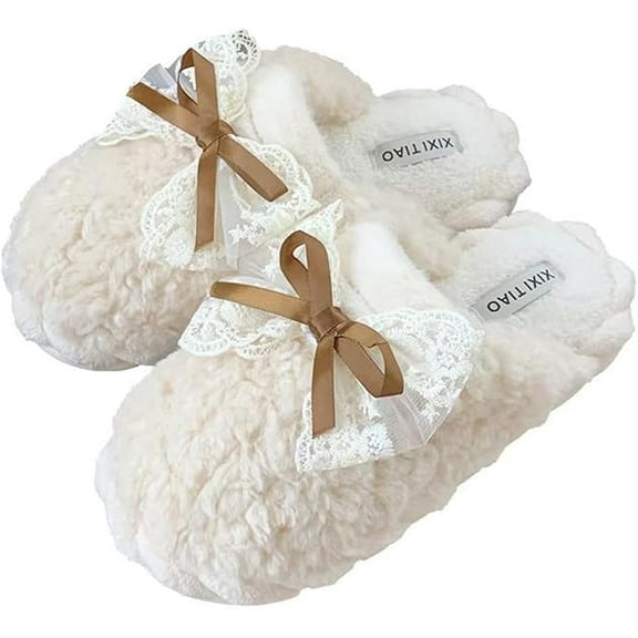 Cute Bow Slippers for Women, Womens Fuzzy Fluffy Cozy Indoor Outdoor House Slippers