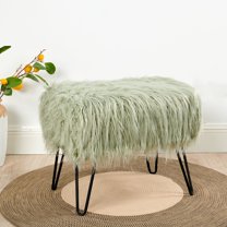 Home Soft Things Mongolian Faux-Fur Ottoman with Black Metal Legs, Desert Sage - 19" x 13" x 17"